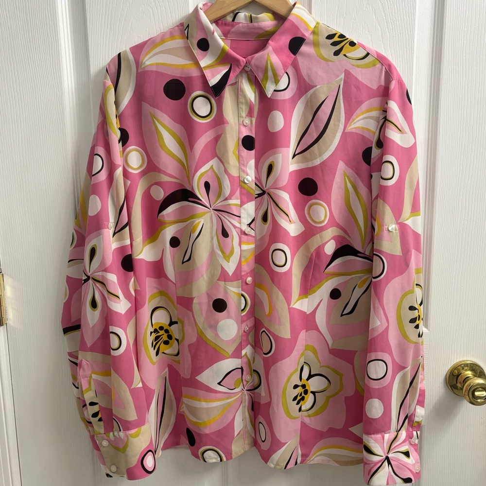 Retro Disco Pink Floral Print Blouse Long Sleeve Collared Roll Tab Y2K Hippie